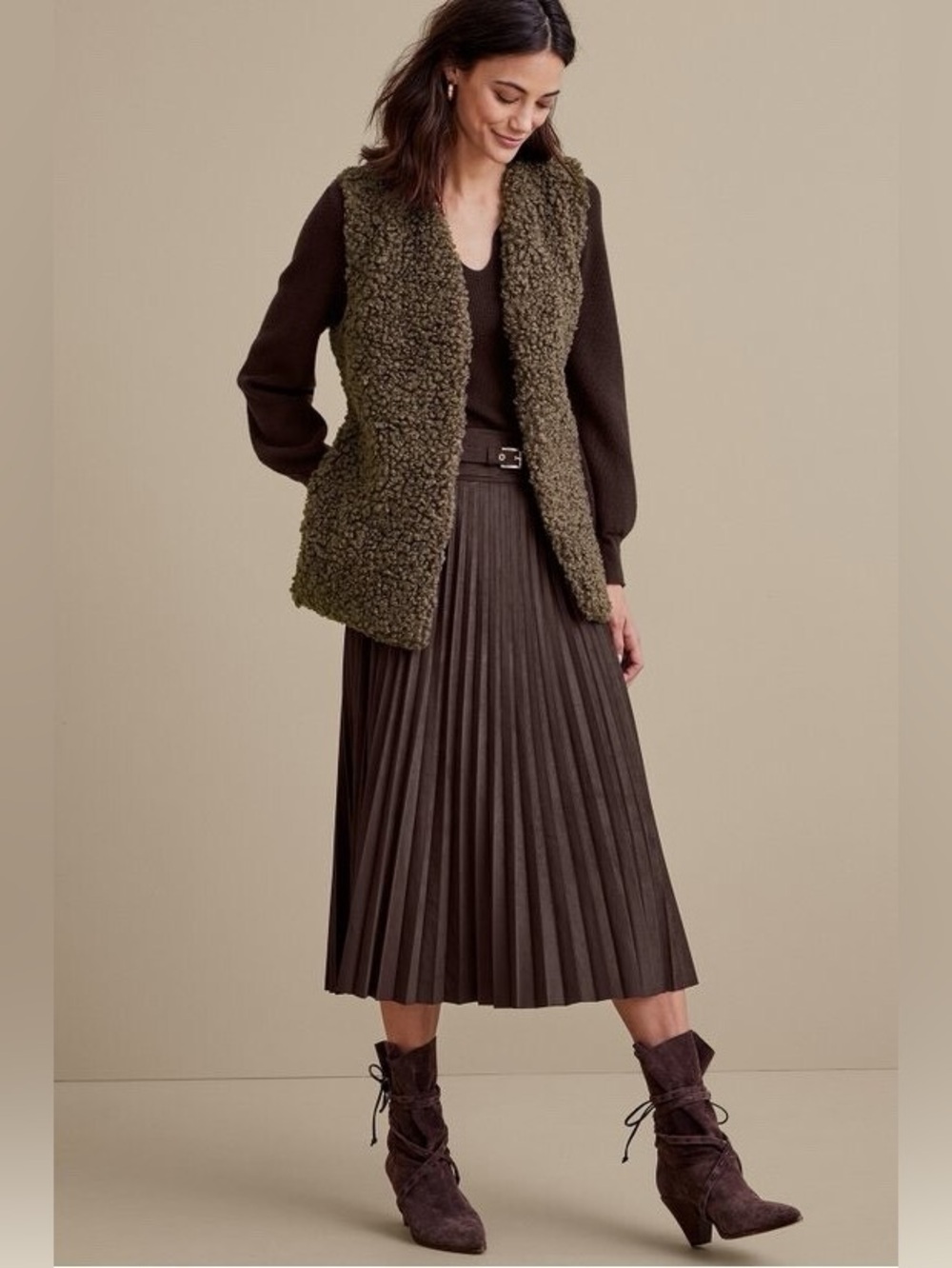 Laffaire Pleated Brown Faux Suede Midi Skirt with Belt, Size Small - Picture 2 of 12